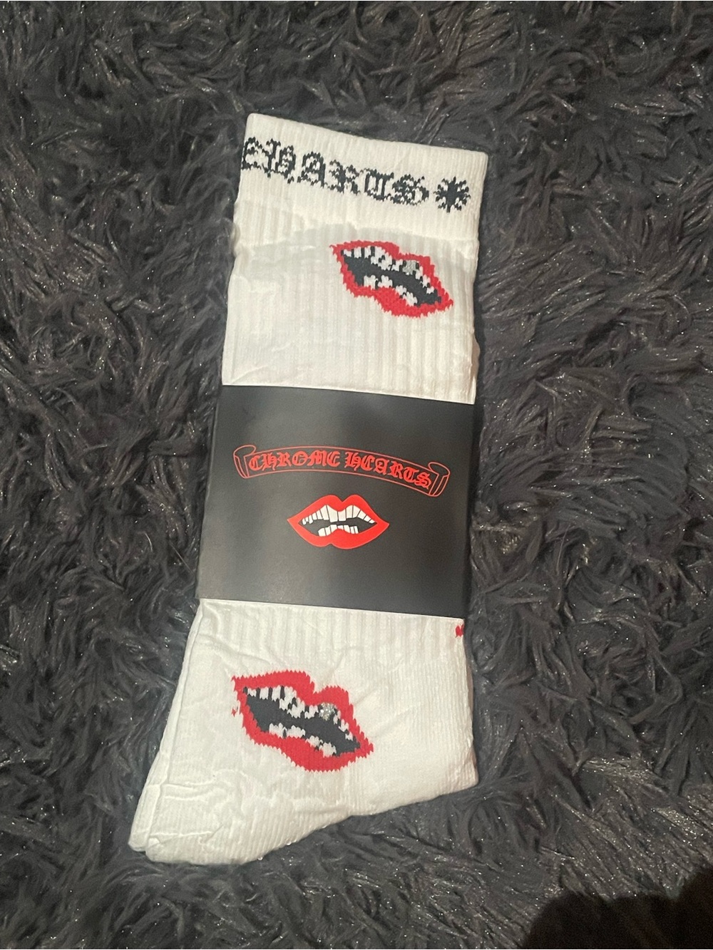 Chrome Hearts White Crew Socks with Red Lip Graphic